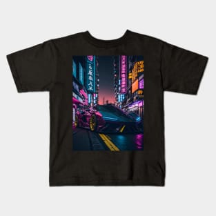 Dark Neon Sports Car in Japanese Neon City Kids T-Shirt